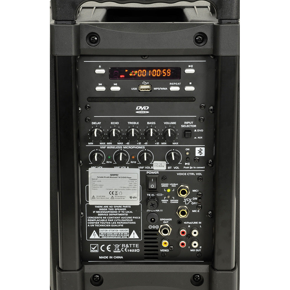 QTX PAV8 Portable PA with Bluetooth, CD/DVD Player, 2 x Handheld Mics & Headset Mic