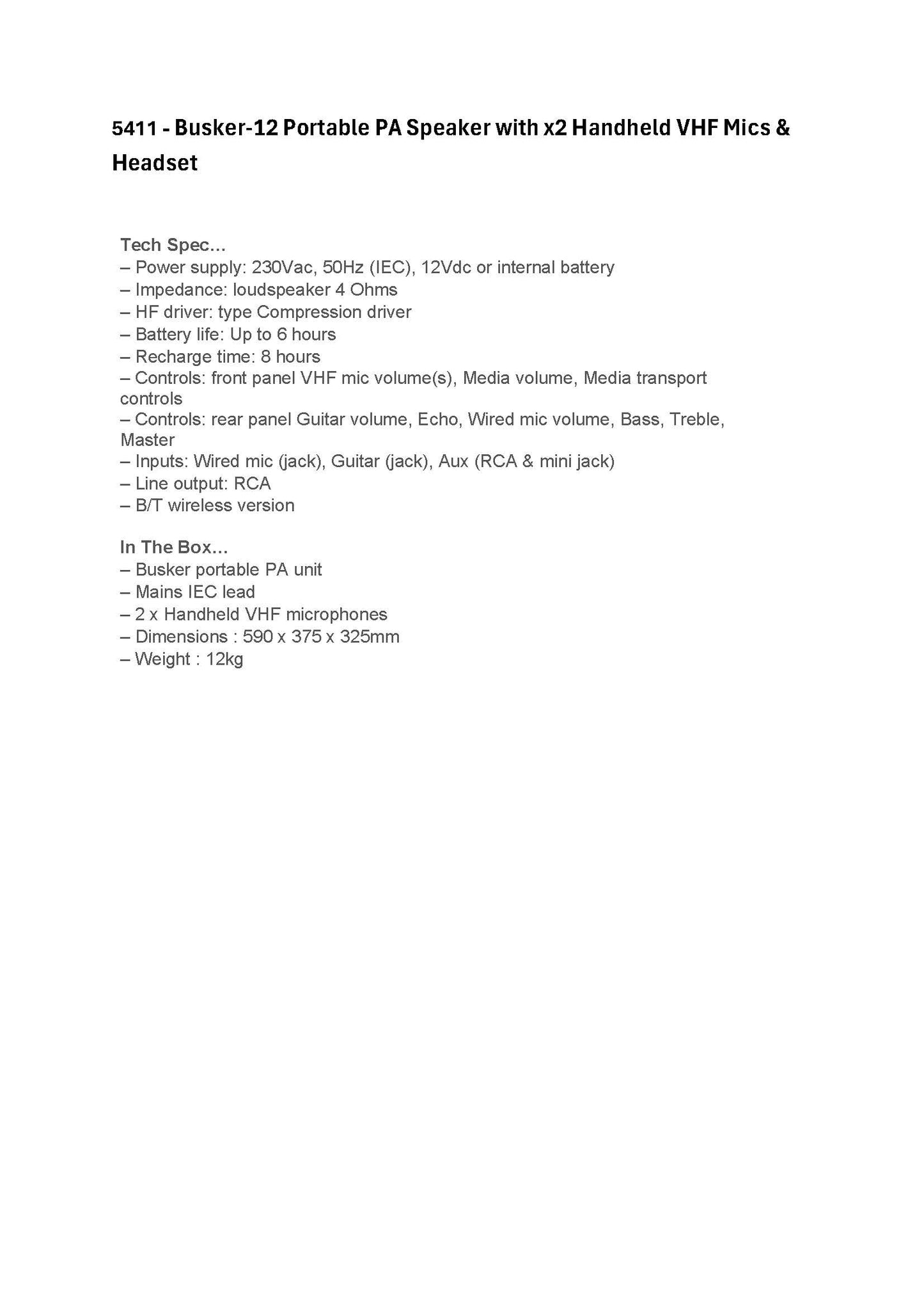 Busker-12 Portable PA Speaker with x2 Handheld VHF Mics & Headset