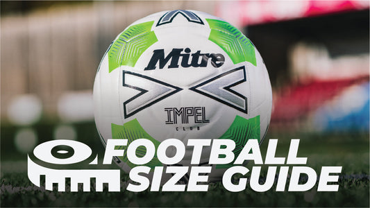 Football on a grass pitch with goalposts in the background, showing size guide for balls, goals, and pitch dimensions.