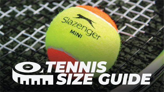 Tennis racket and ball placed on a court surface, illustrating size guide for rackets and balls for different age groups.