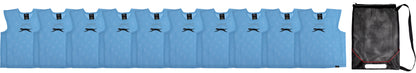 Set of blue sports vests with a black drawstring bag