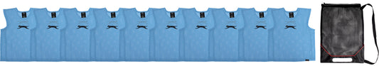 Set of blue sports vests with a black drawstring bag